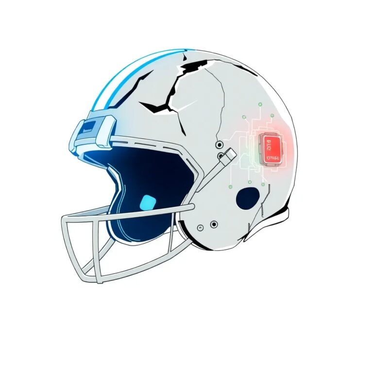 A shattered, neon-lit football helmet with two AI processors embedded in its sides, one glowing blue and the other glowing red, connected by a tangled web of glowing circuits.