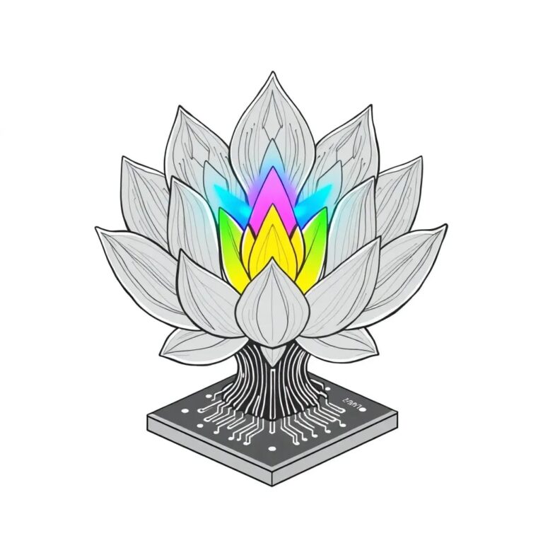 A multi-faceted, intricately carved Indian lotus flower with seven petals, each petal glowing with a different color representing a unique aspect of AI, and the entire flower levitating above a digital circuit board.