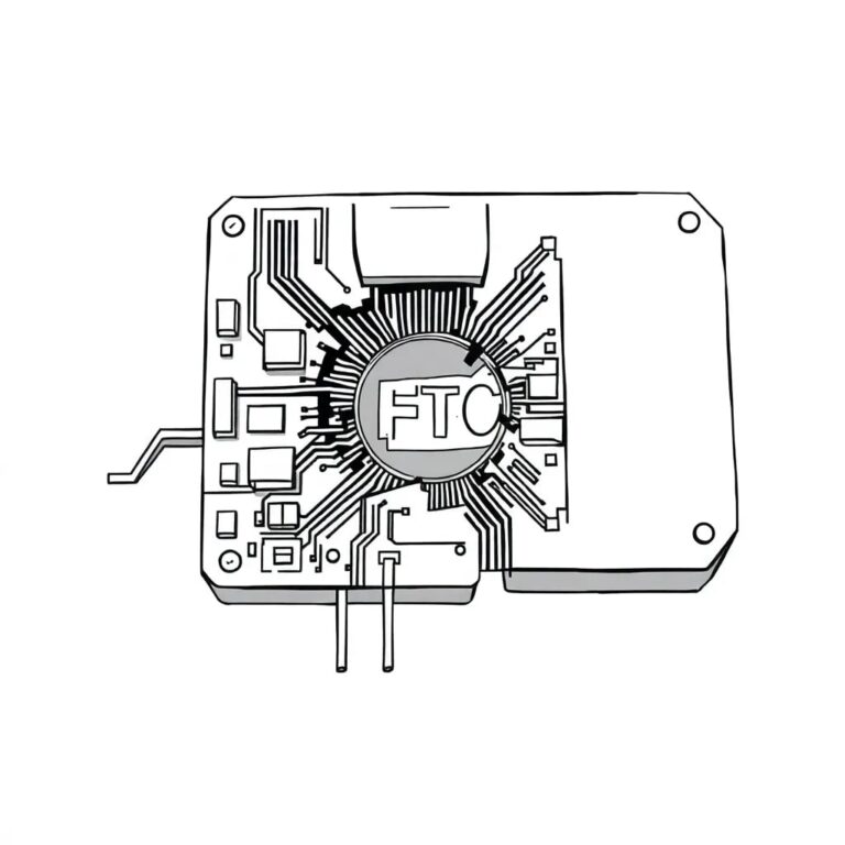A shattered AI circuit board with a faded FTC seal