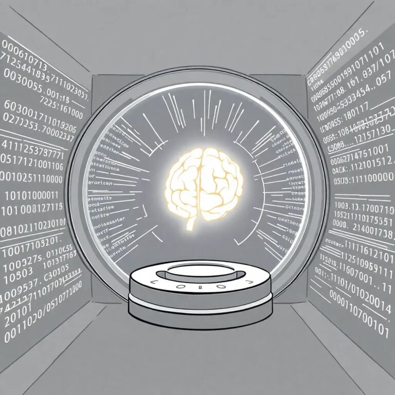 A futuristic, transparent vault filled with digital code streams and a glowing, pulsating AI brain at its core