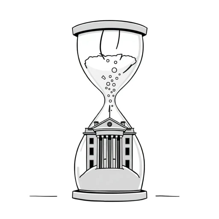 A shattered digital hourglass with silicon sand spilling out onto a miniature model of the White House