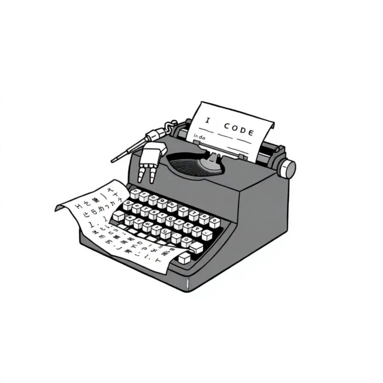 A vintage typewriter with a robotic arm typing on a scroll of code