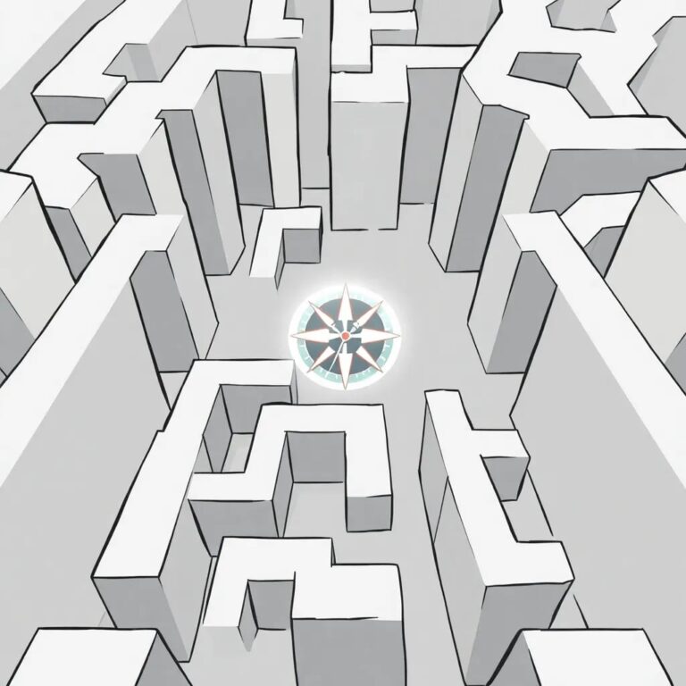 A labyrinthine maze with shifting walls and a glowing, flickering AI-powered compass at its center