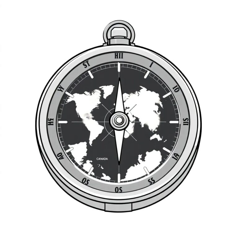 A futuristic, intricately designed compass with a digital display that shows a map of the world, highlighting key locations in the Philippines and Canada, and an AI-powered needle that points towards the United Nations headquarters.