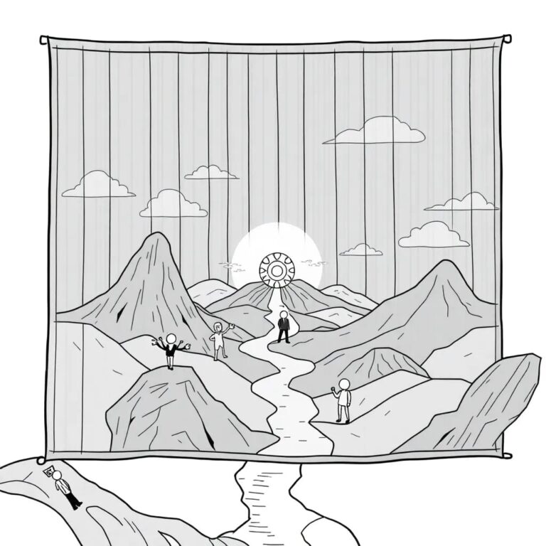 A futuristic, intricately woven digital tapestry displaying a landscape where AI algorithms and human figures coexist, with a central, glowing node representing governance.