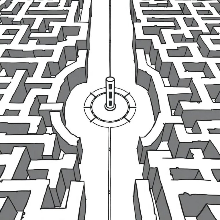 A labyrinthine maze with interconnected pathways and a central, adaptable AI core that can dynamically reroute paths based on changing conditions.