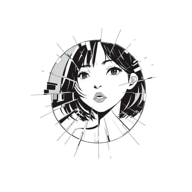 A shattered digital mirror reflecting a fragmented, glitching image of a woman