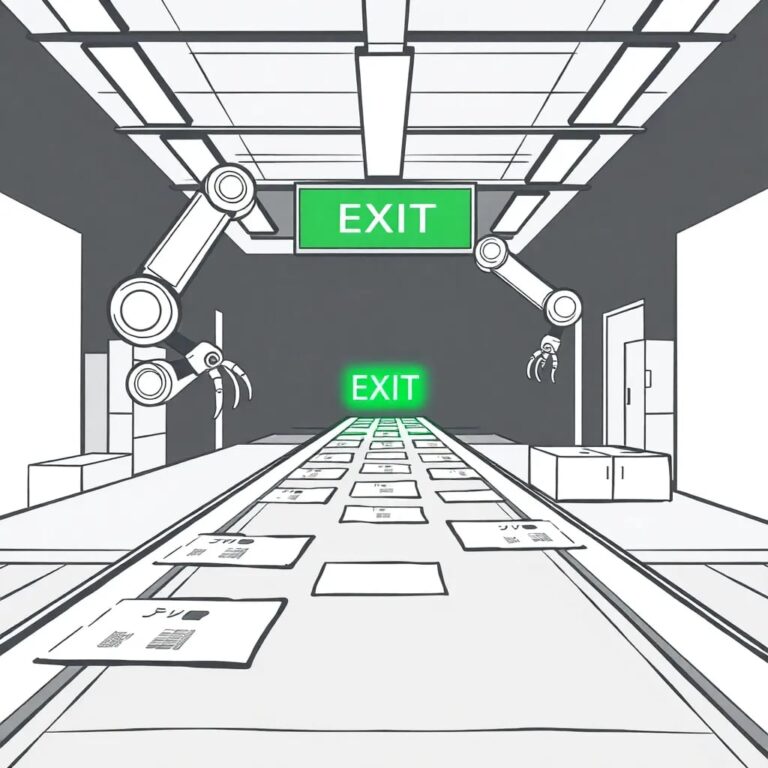 A high-speed conveyor belt with labels automatically affixed and verified by robotic arms, seamlessly moving products towards a glowing green exit sign.