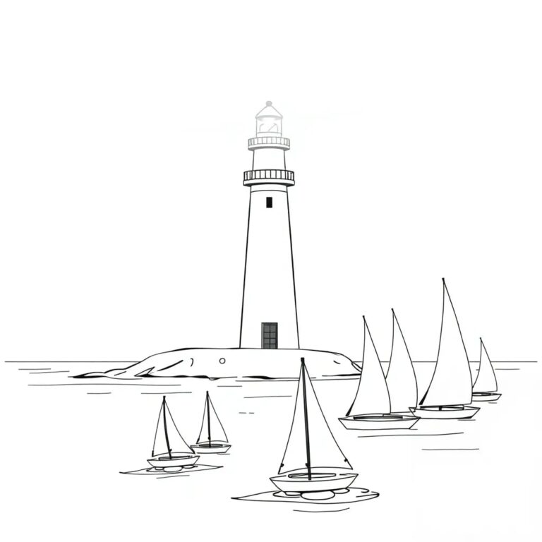 A futuristic lighthouse beacon with a digital AI interface, standing on a Florida beach, guiding a fleet of model sailboats representing students navigating through a sea of data and algorithms.