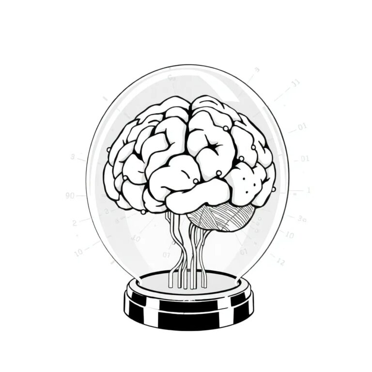 A futuristic, transparent AI brain encased in a glass dome, with intricate circuits and data streams flowing through it, surrounded by a digital privacy shield that flickers with binary code.