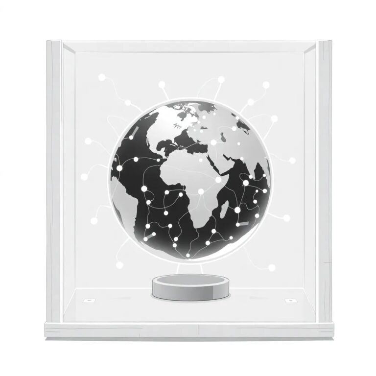 A holographic globe with interconnected neural networks pulsating with data, encased in a transparent, ethically-sourced bamboo frame.