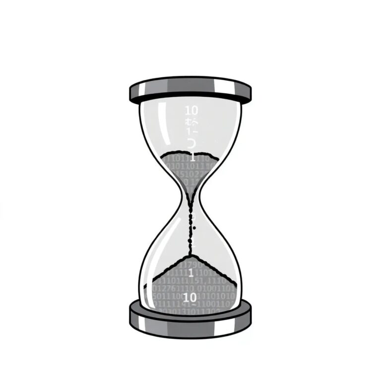 A futuristic, transparent hourglass filled with binary code instead of sand