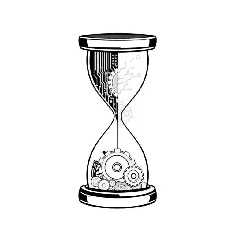 A split-screen hourglass with one side filled with digital circuits and the other with traditional gears, both halves connected by a delicate, glowing AI neural network