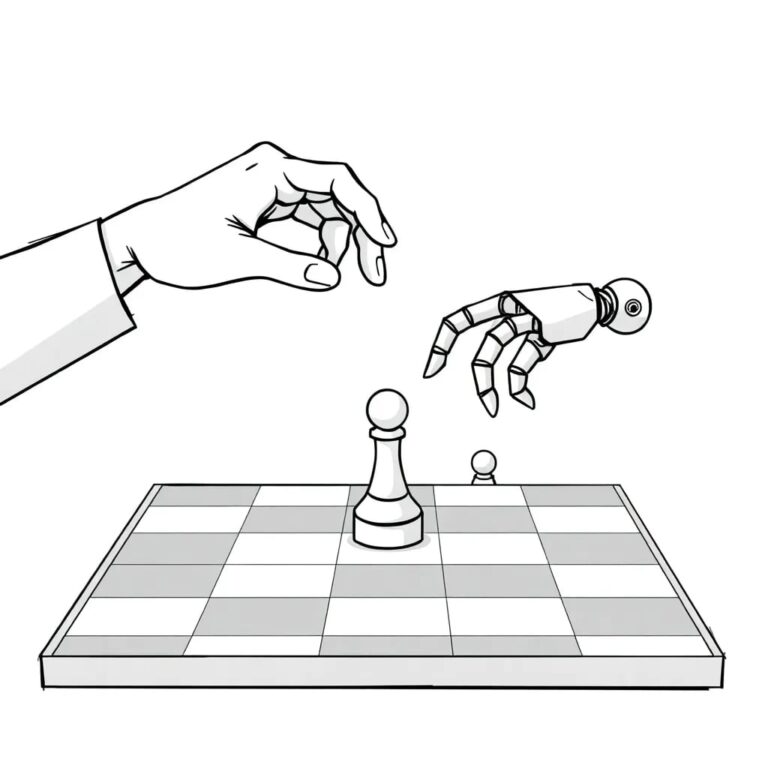 A chessboard with a human hand and a robotic arm each holding a pawn, poised mid-game