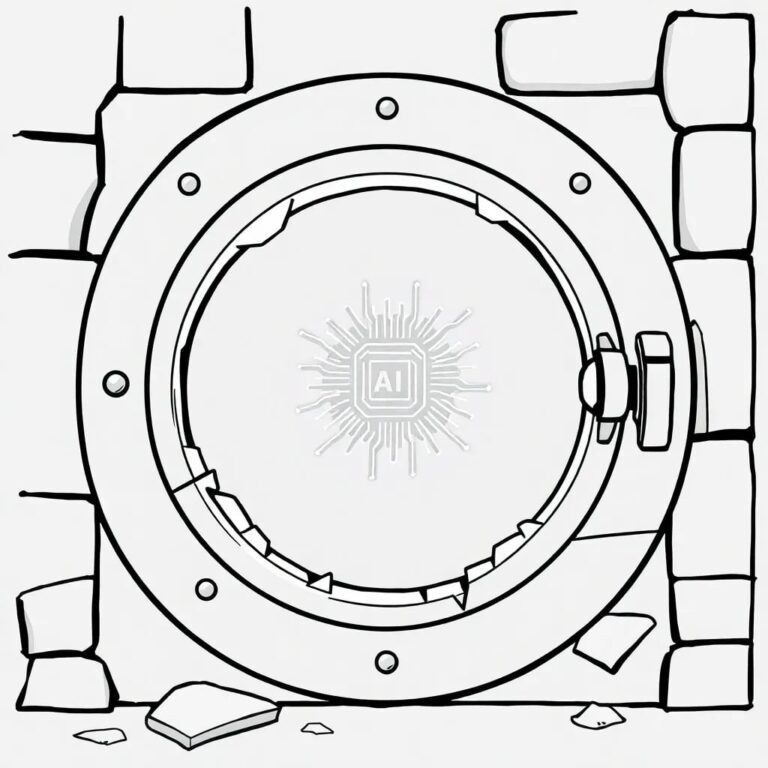 A shattered bank vault door with a glowing AI circuit board embedded in its center