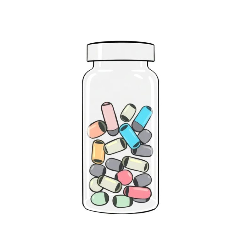 A futuristic, transparent pill bottle filled with digital code capsules, each glowing with different colors, symbolizing the integration of AI and pharmaceutical advancements in healthcare.