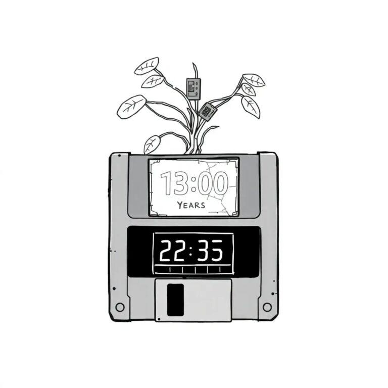 A rusted, outdated floppy disk with a digital circuit board sprouting from it like a plant, placed in a glass terrarium with a cracked screen displaying a countdown timer set to thirty years.