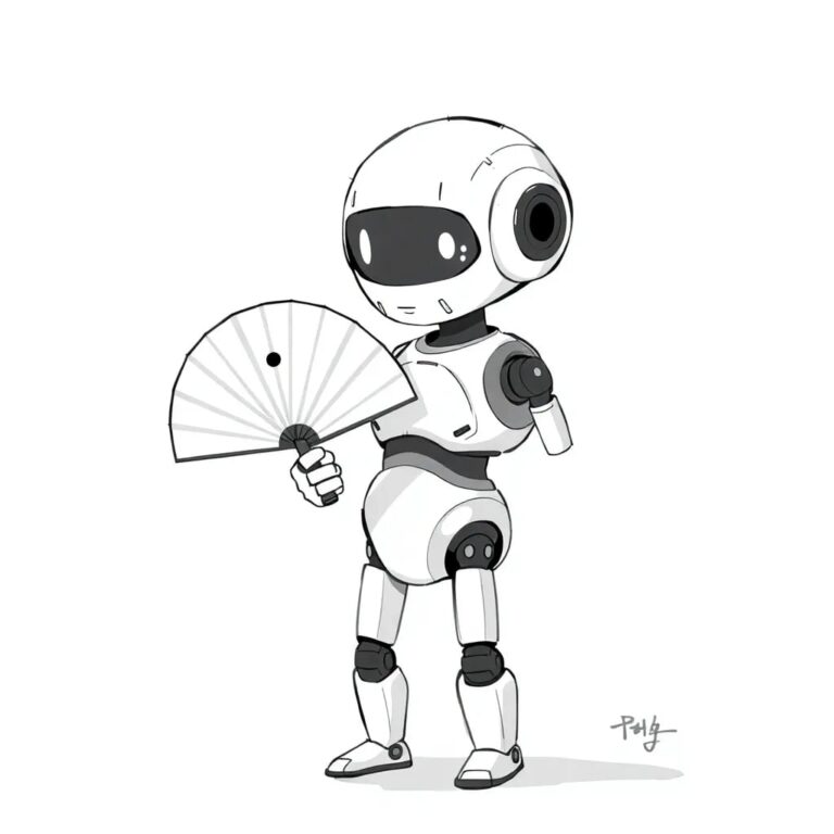 A futuristic, half-assembled robot holding a traditional Korean fan