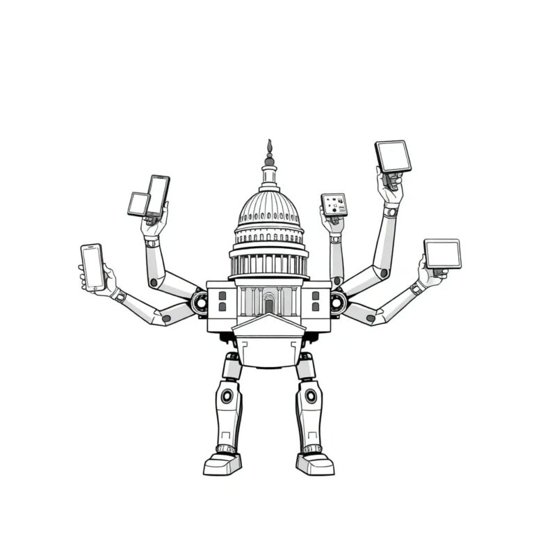 A futuristic, multi-armed robotic sculpture with each arm holding a different AI-driven device, all converging towards a central, glowing Capitol Building model.