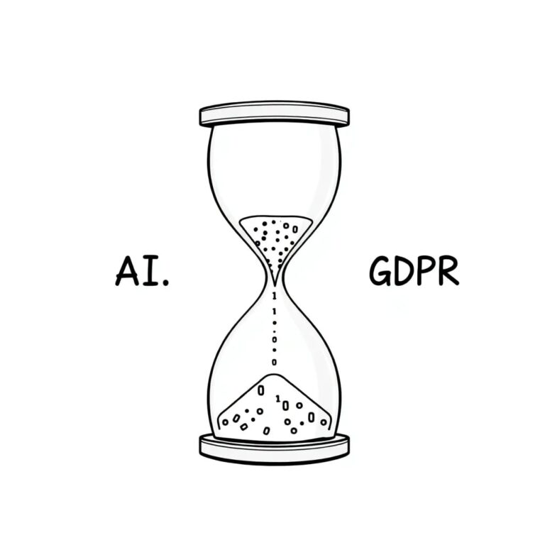 A digital hourglass with binary sand flowing between two transparent glass bulbs, one labeled 'AI' and the other 'GDPR'