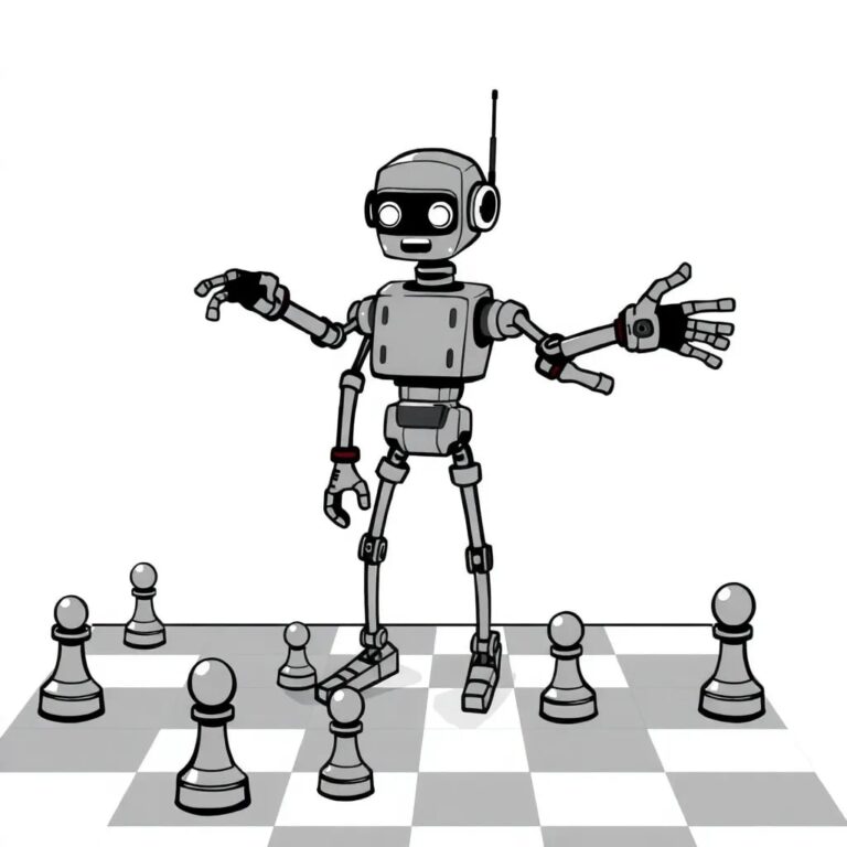 A mechanical puppet with interchangeable limbs, each limb representing a different AI capability, standing on a chessboard with pieces arranged in a dynamic, evolving pattern.