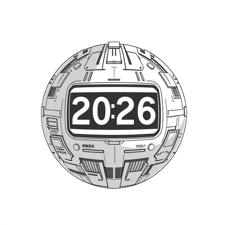 A futuristic, globe-shaped AI processor with a countdown timer embedded in its surface, displaying the year 2026.