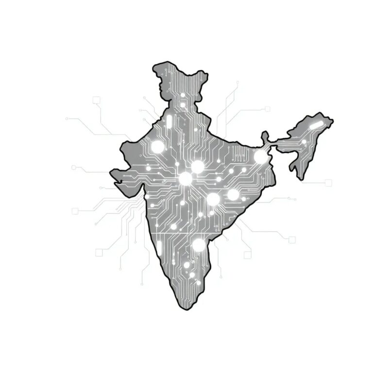 A futuristic, intricately designed AI circuit board shaped like the map of India, with glowing nodes representing key cities and regions, symbolizing the interconnectedness and strategic implementation of AI governance across the nation.