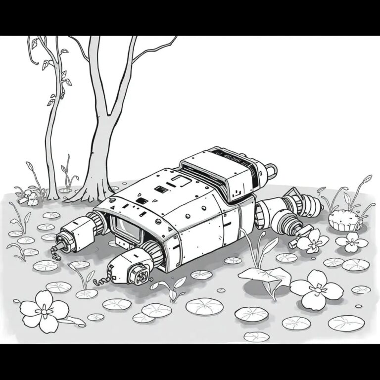 A rusted, abandoned AI robot lying in a swamp, overgrown with Florida flora