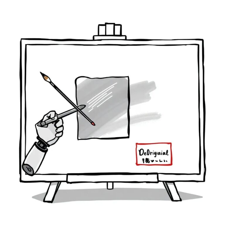 A digital canvas displaying a painting that morphs between different styles, with a robotic arm holding a paintbrush, and a copyright stamp that flickers between 'Original' and 'Derivative'