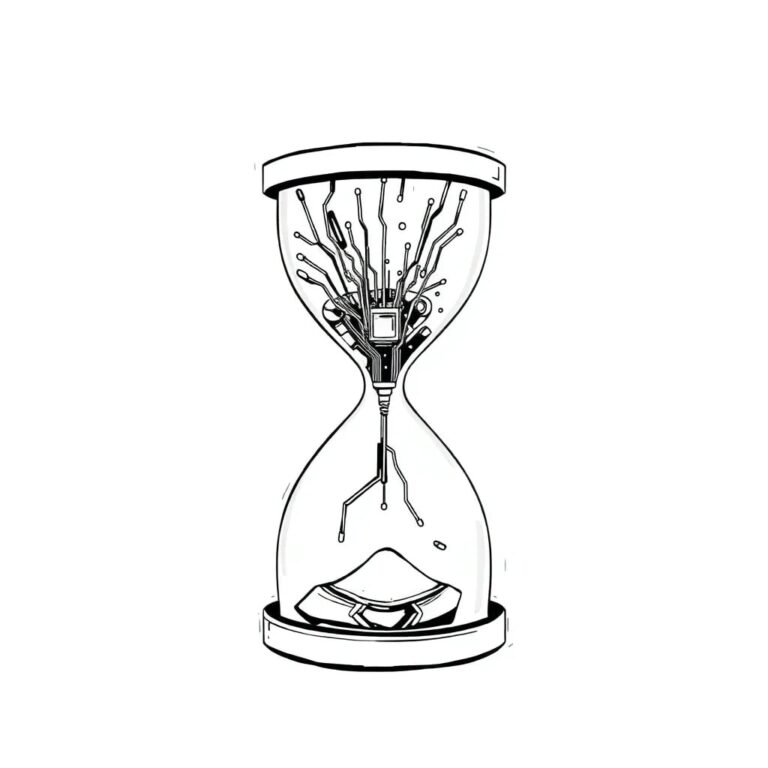A shattered digital hourglass with AI circuitry exposed