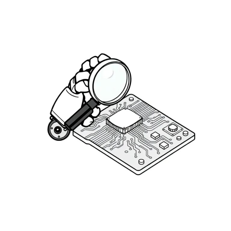A robotic arm holding a magnifying glass over a digital circuit board