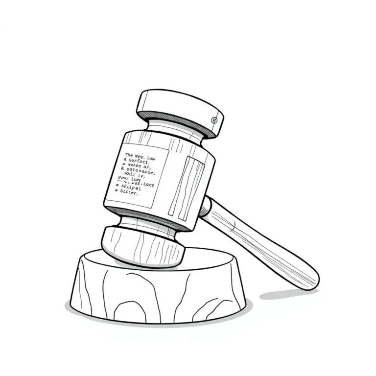 A futuristic gavel crafted from a blend of silicon and polished oak, with a digital display embedded in the head that cycles through lines of code and legal text.