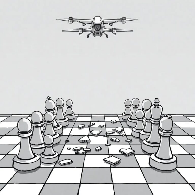 A shattered chessboard with AI-controlled pieces facing off against human-controlled pieces, with a military drone hovering above.