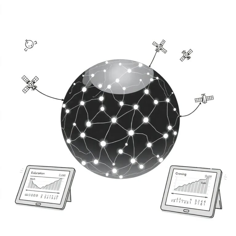 A digital globe with interconnected neural networks glowing beneath its surface, surrounded by a constellation of satellites and digital tablets displaying educational content and economic growth charts.