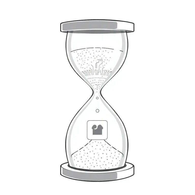 A digital hourglass with a glowing AI circuit board as its sand, slowly draining into a transparent container shaped like a social media notification icon.