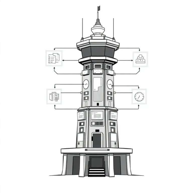A futuristic, multi-tiered AI control tower with holographic interfaces and interconnected nodes, each representing different aspects of governance like ethics, security, and compliance.