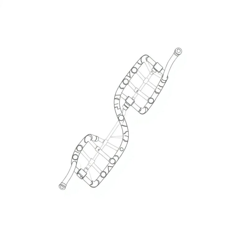 A stylized, intricately designed DNA double helix made of interconnected microchips