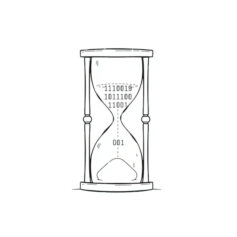 A digital hourglass filled with binary code