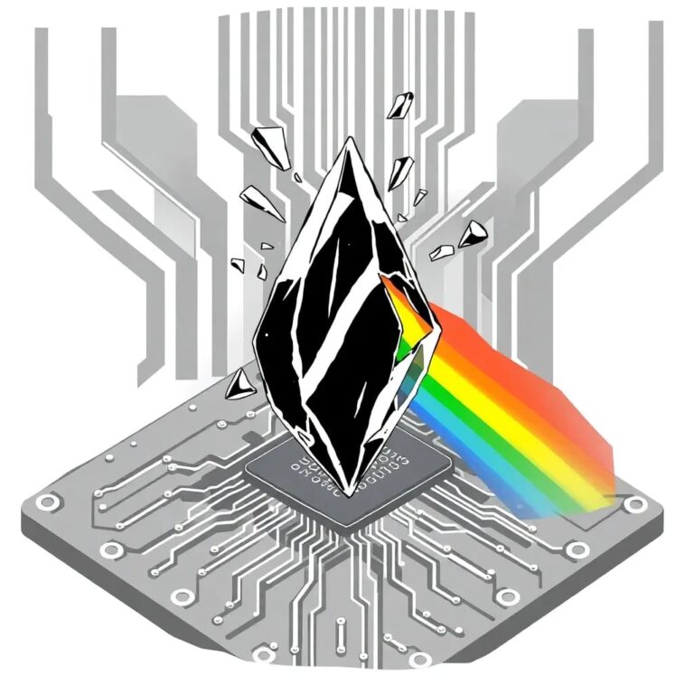 A shattered crystal prism reflecting a fragmented rainbow onto a digital circuit board