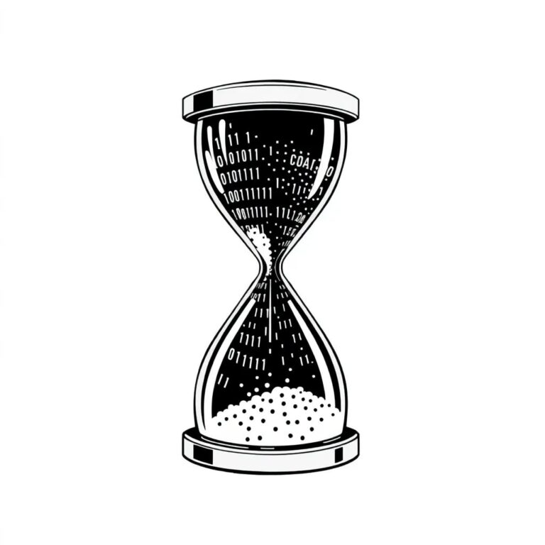 A futuristic, dual-faced hourglass with one side filled with glowing binary code and the other with scattered, fading pixels