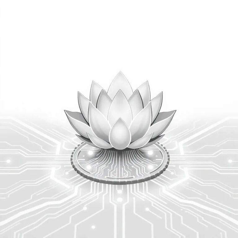 A futuristic, intricately designed AI circuit board with a lotus flower etched into its surface, glowing with soft, pulsating lights.