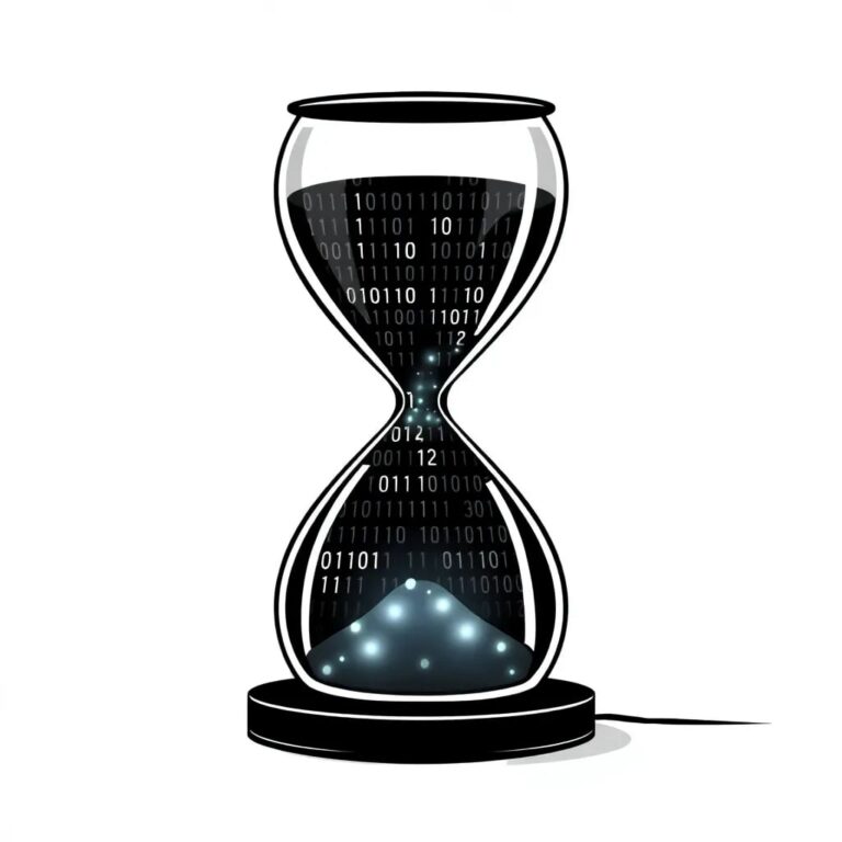 A digital hourglass filled with binary code and glowing ethically sourced LED lights