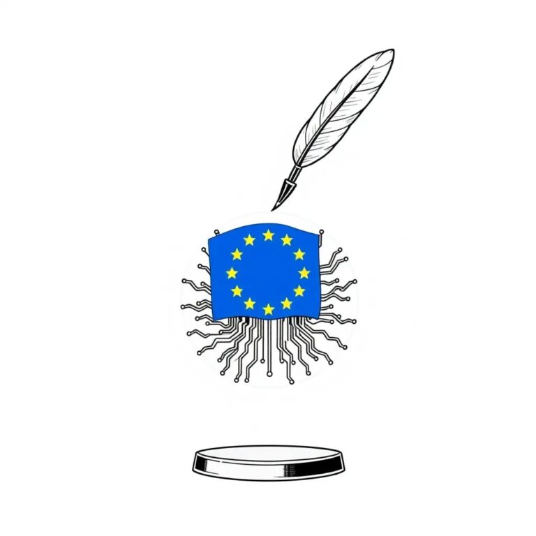 A futuristic, transparent AI neural network model suspended in a glass orb, with a European Union flag subtly integrated into the circuitry, and a stylized quill pen floating above it, ready to sign documents.