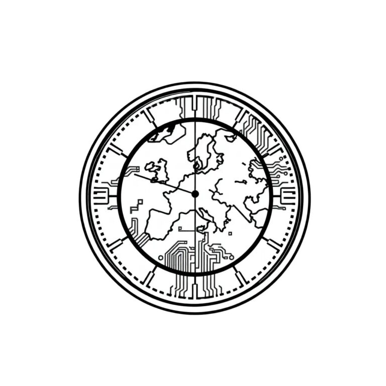 A digital compass with a spinning globe that transitions between a circuit board and a map of Europe