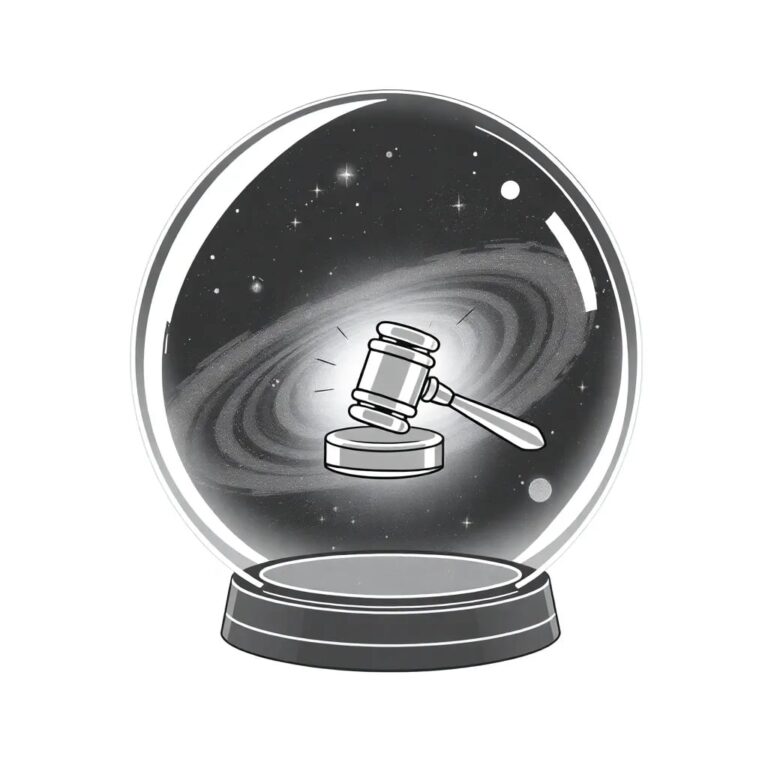 A futuristic, transparent glass dome containing a swirling digital galaxy, with a small, intricately designed congressional gavel floating within it, casting a soft, pulsating glow.