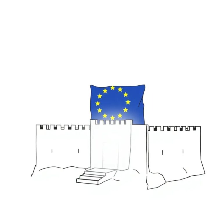 A digital fortress with a glowing European flag and interconnected AI nodes forming its walls
