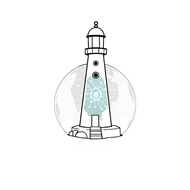 A globe-shaped lighthouse with a digital screen displaying pulsating neural networks