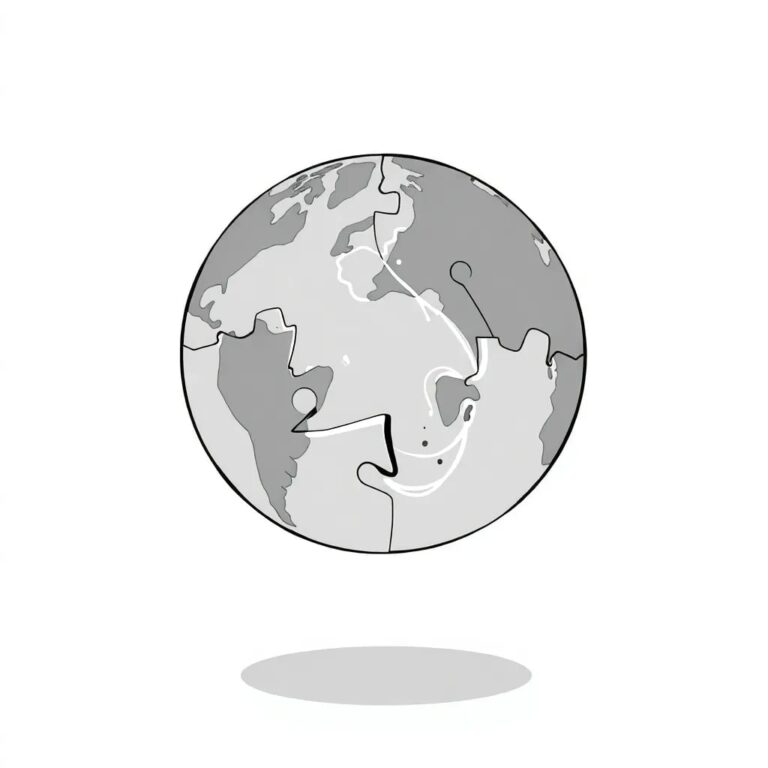 A shattered globe puzzle with each piece representing a different AI governance model, floating in mid-air, held together by invisible, tangled threads of light.