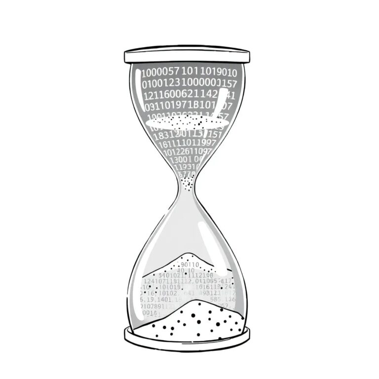 A digital hourglass with sand made of encrypted code, transitioning from a chaotic stream of AI algorithms to a structured, governed network of data pathways.