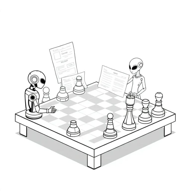 A futuristic, alien-like chessboard with AI-controlled pieces playing against human-controlled pieces, where the board's surface is a holographic display of legal documents and antitrust regulations.